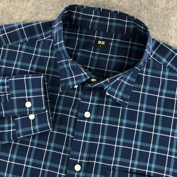 Uniqlo‎ Button Down Shirt Mens Large Blue Plaid Long Sleeve Front Pocket Cotton - Picture 1 of 11